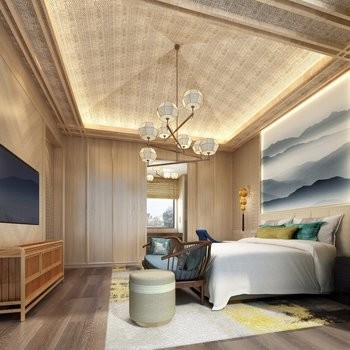 La mobilia di legno moderna della camera da letto dell'hotel mette la tappezzeria del velluto